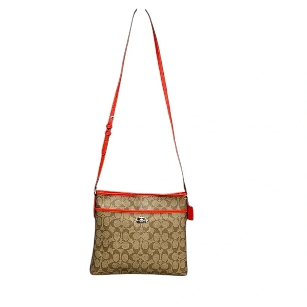 COACH Purse Shoulder Bag Crossbody Brown Red Coated Canvas Monogram Signature